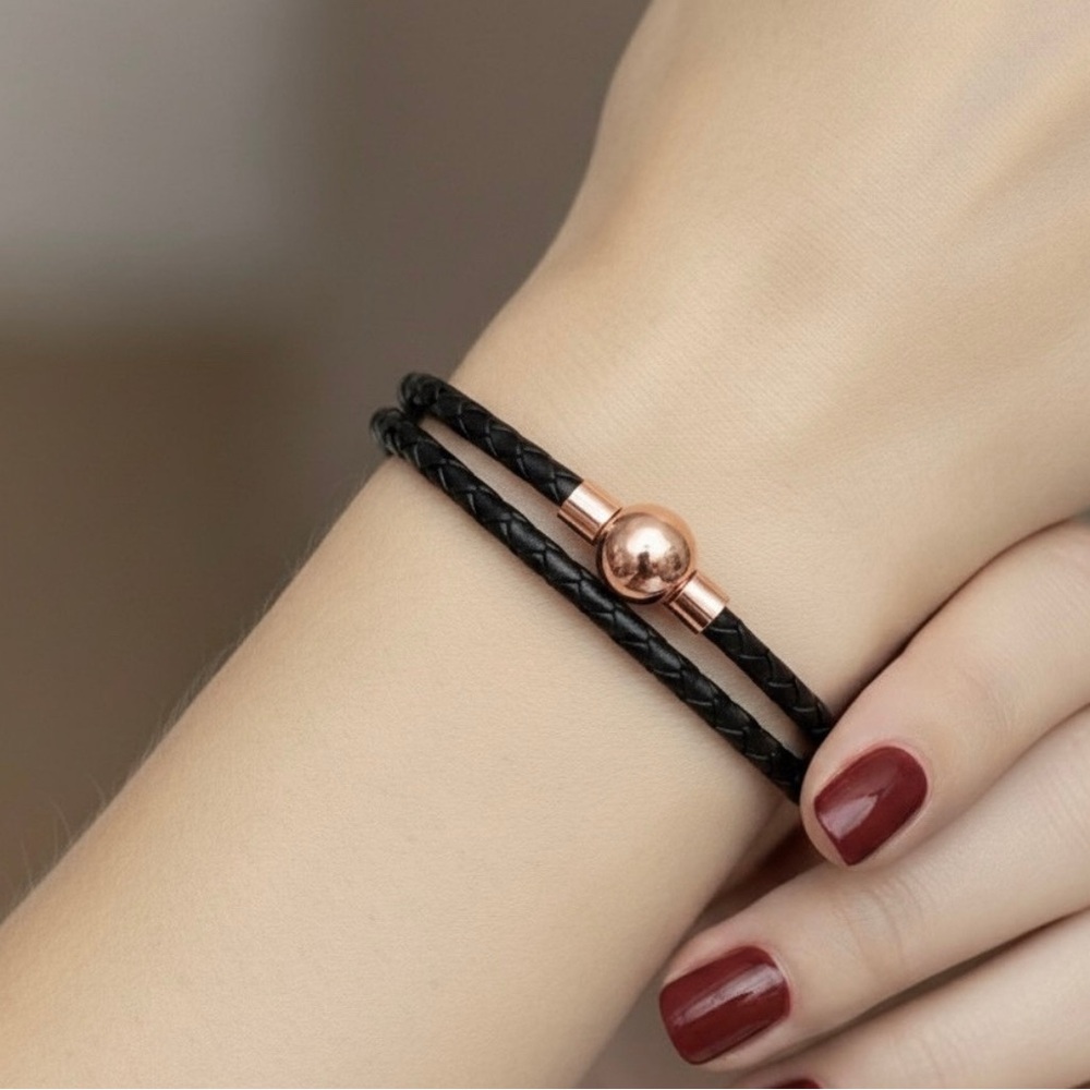 Linx Double Black Leather Braided Cord Bracelet with a Rose Gold Magnetic Clasp